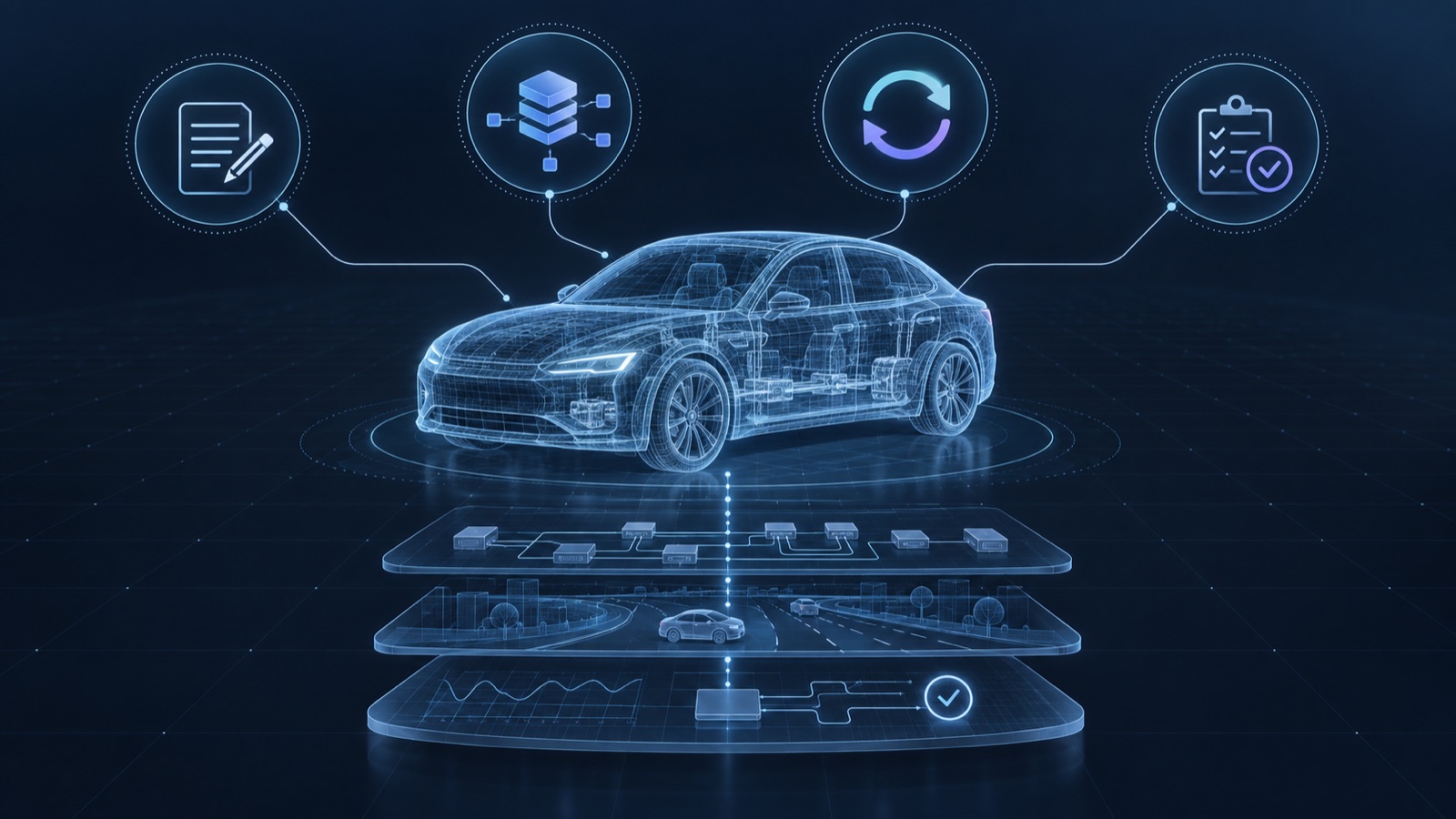 Conceptual illustration of a digital vehicle connected to test authoring, cross-domain integration, synchronization, and validation workflows